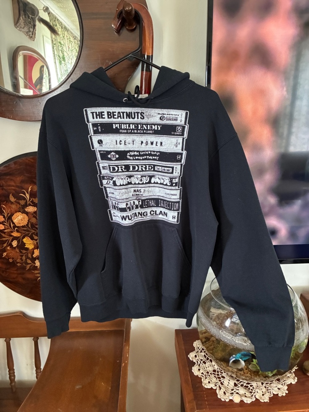Black Graphic Pullover Hoodie with Cassette Stack Print